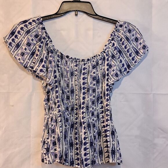 PATRONS OF PEACE BLUE/WHITE COUNTRY BOHO STYLE FLATTER SLEEVE TOP - SZ M NWOT - Picture 7 of 15